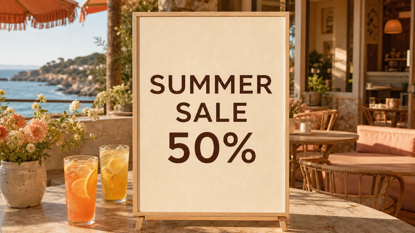 The same coastal cafe poster reading Summer Sale 50% after editing
